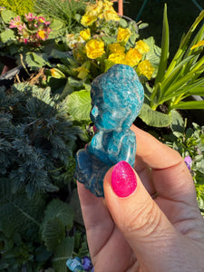 Gemmy Blue Apatite Buddha Carving
