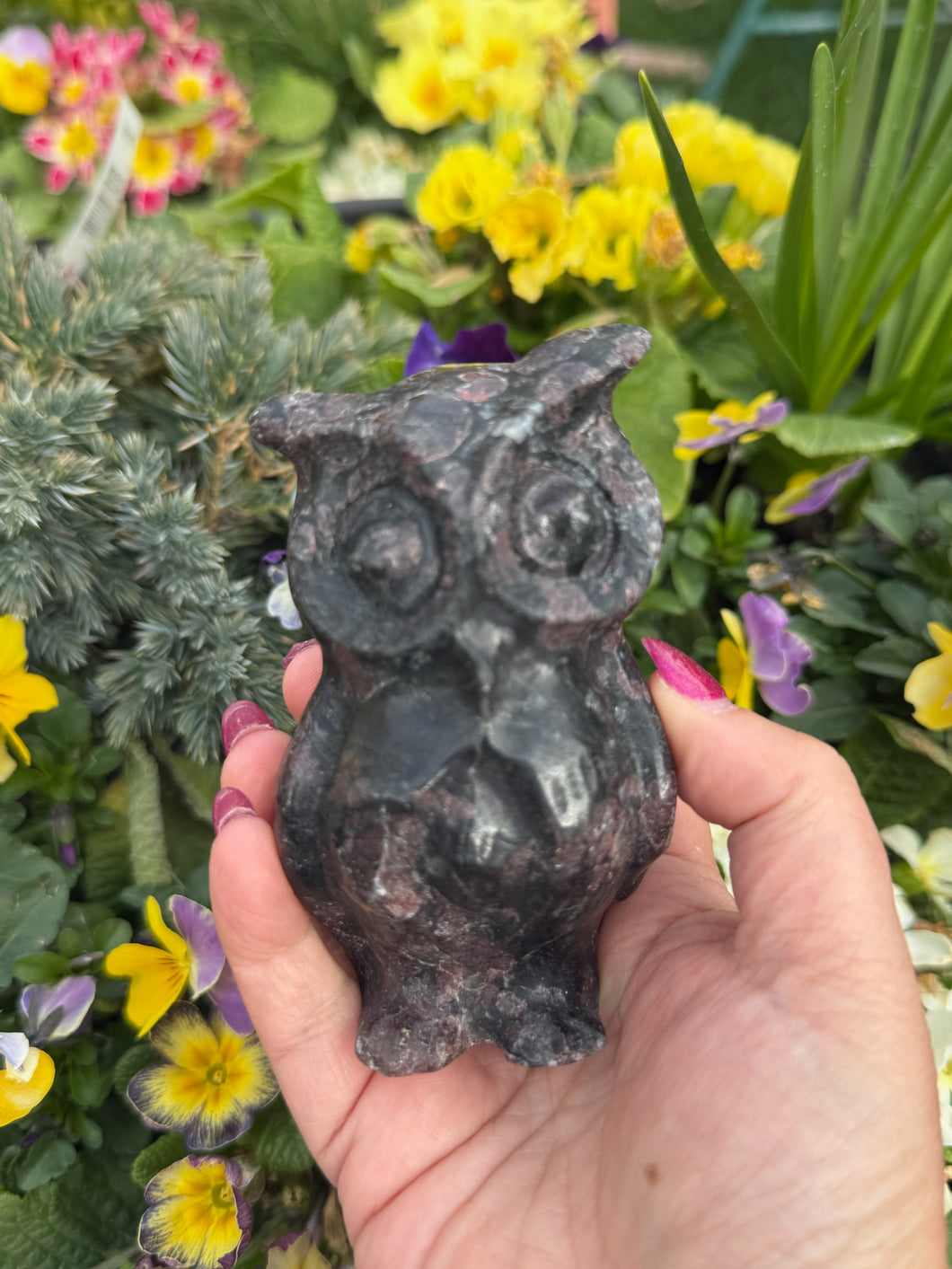 Large Garnet and Arfvedsonite Owl Carving