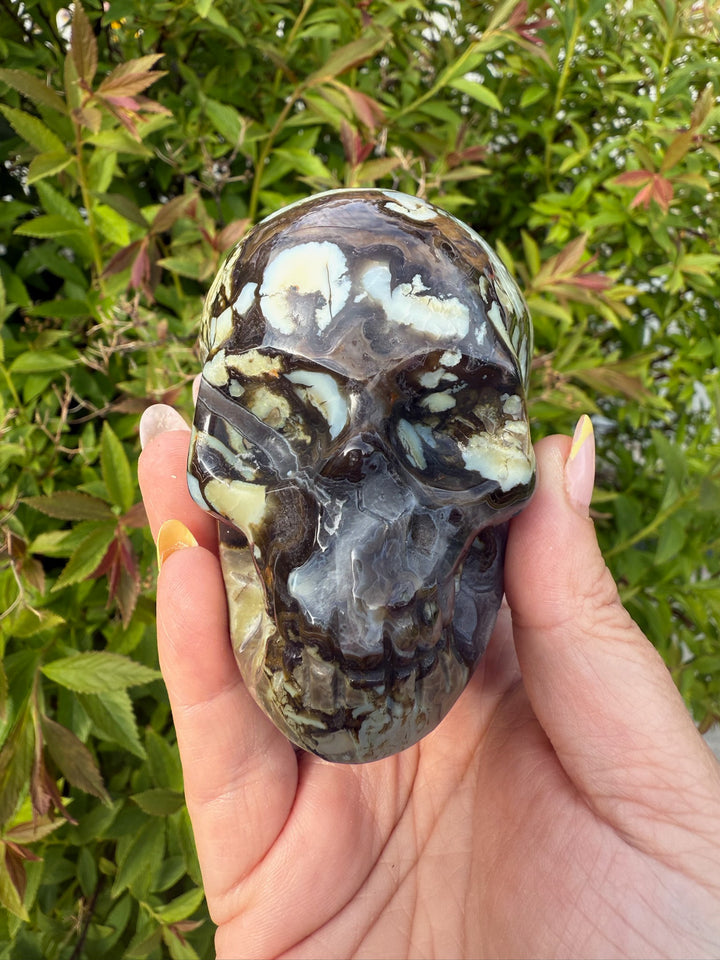 Uv Reactive Volcano Agate Skull Carving with Druzy