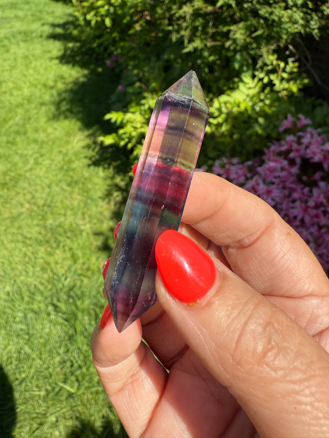 Double Terminated Rainbow Fluorite Point Carving
