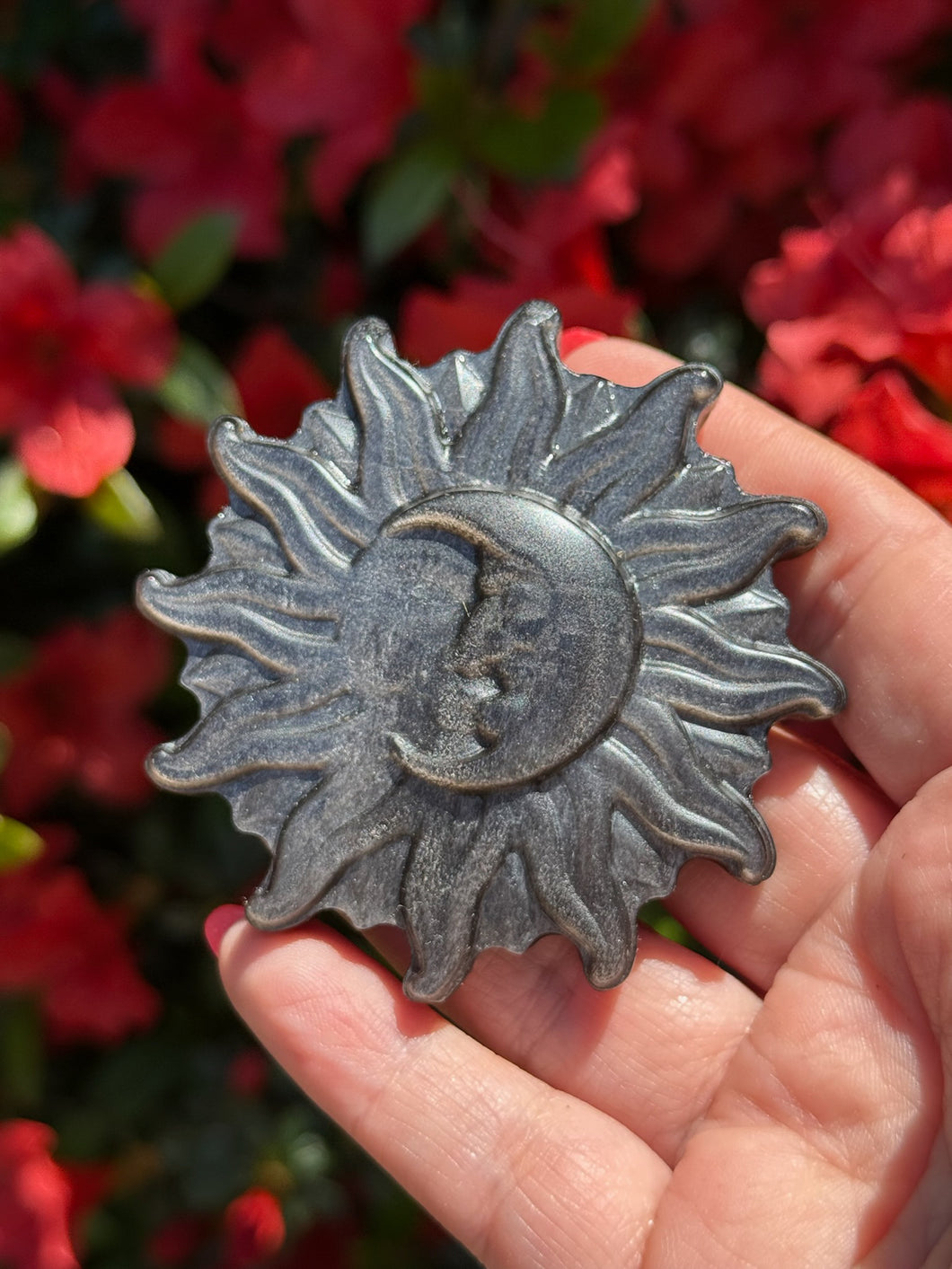 Silver Sheen Obsidian Sun and Moon Carving