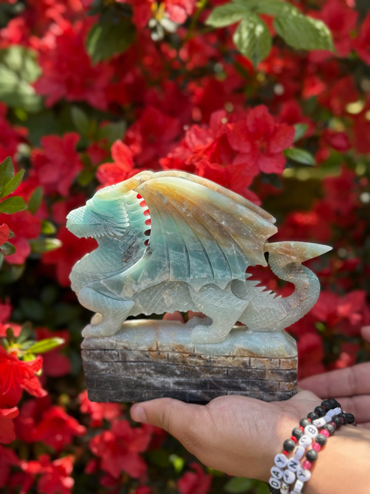 Blue Calcite and Tourmaline Dragon Carving