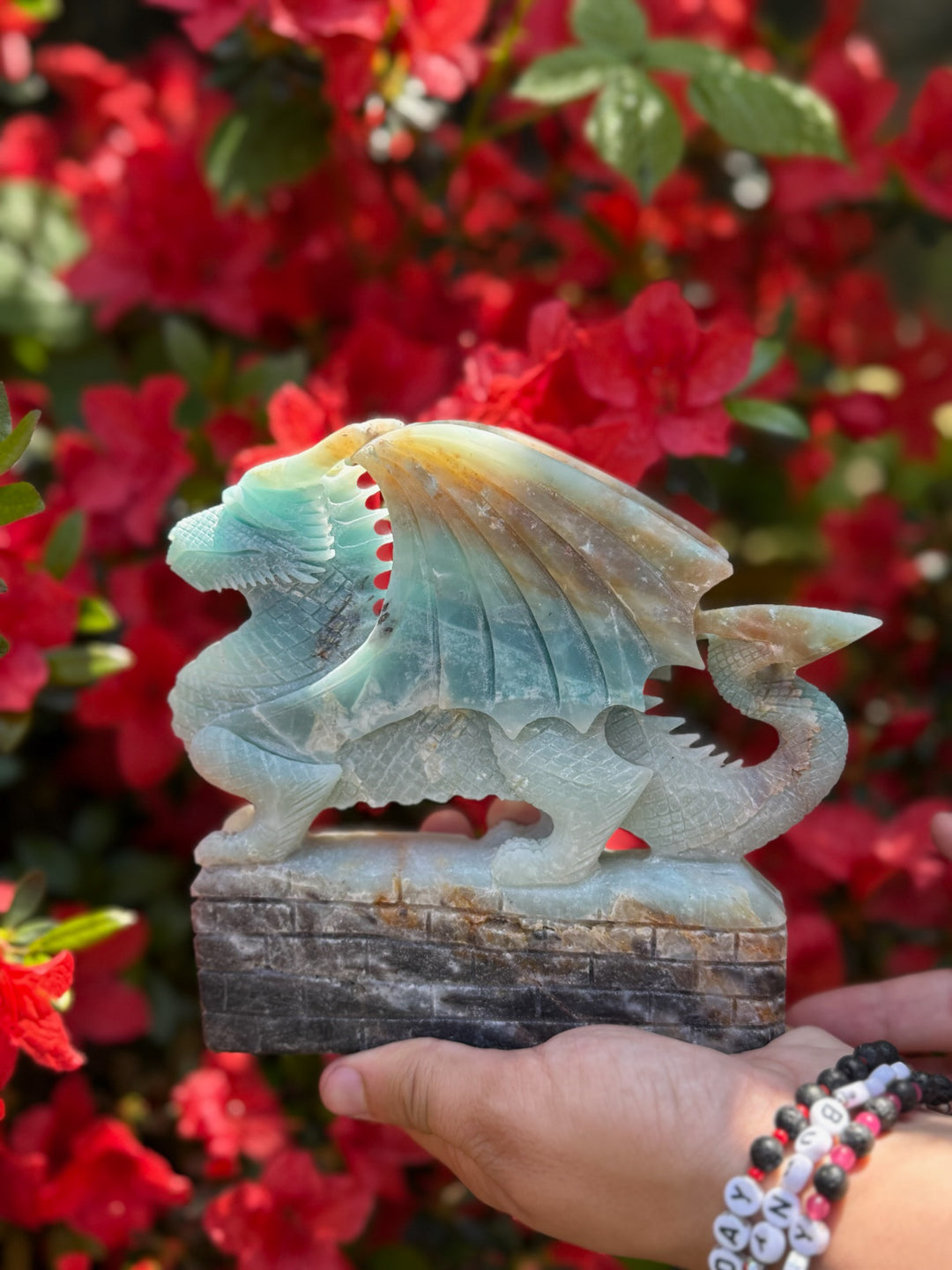Blue Calcite and Tourmaline Dragon Carving