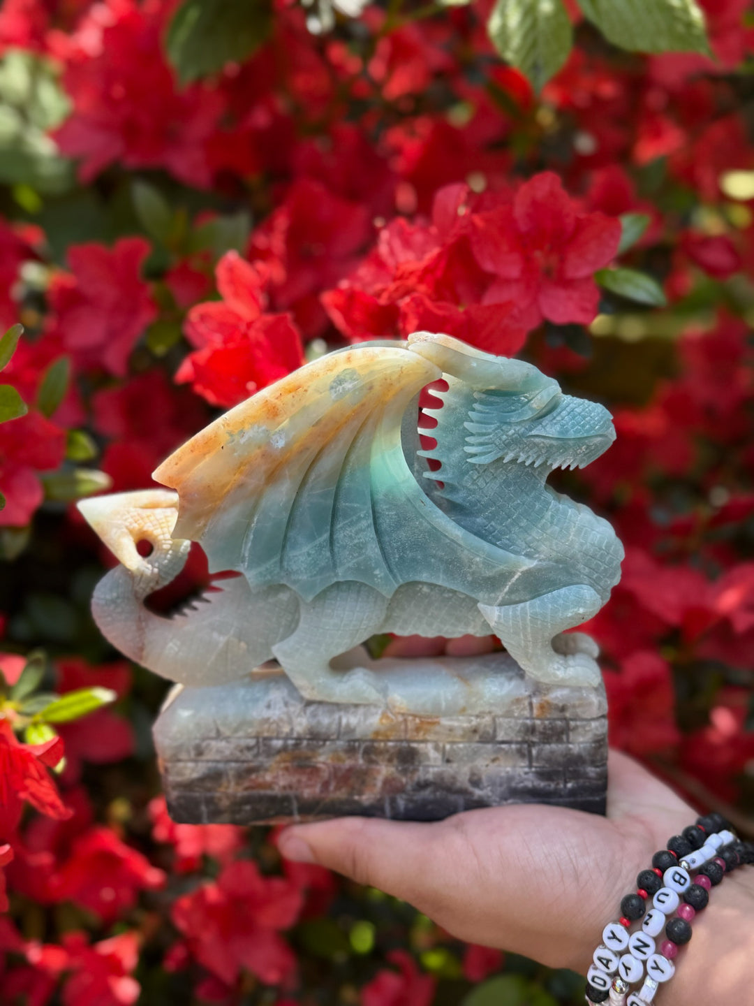 Blue Calcite and Tourmaline Dragon Carving