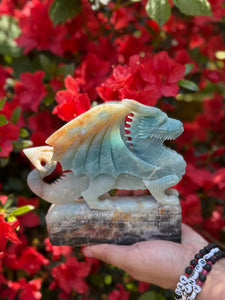 Blue Calcite and Tourmaline Dragon Carving