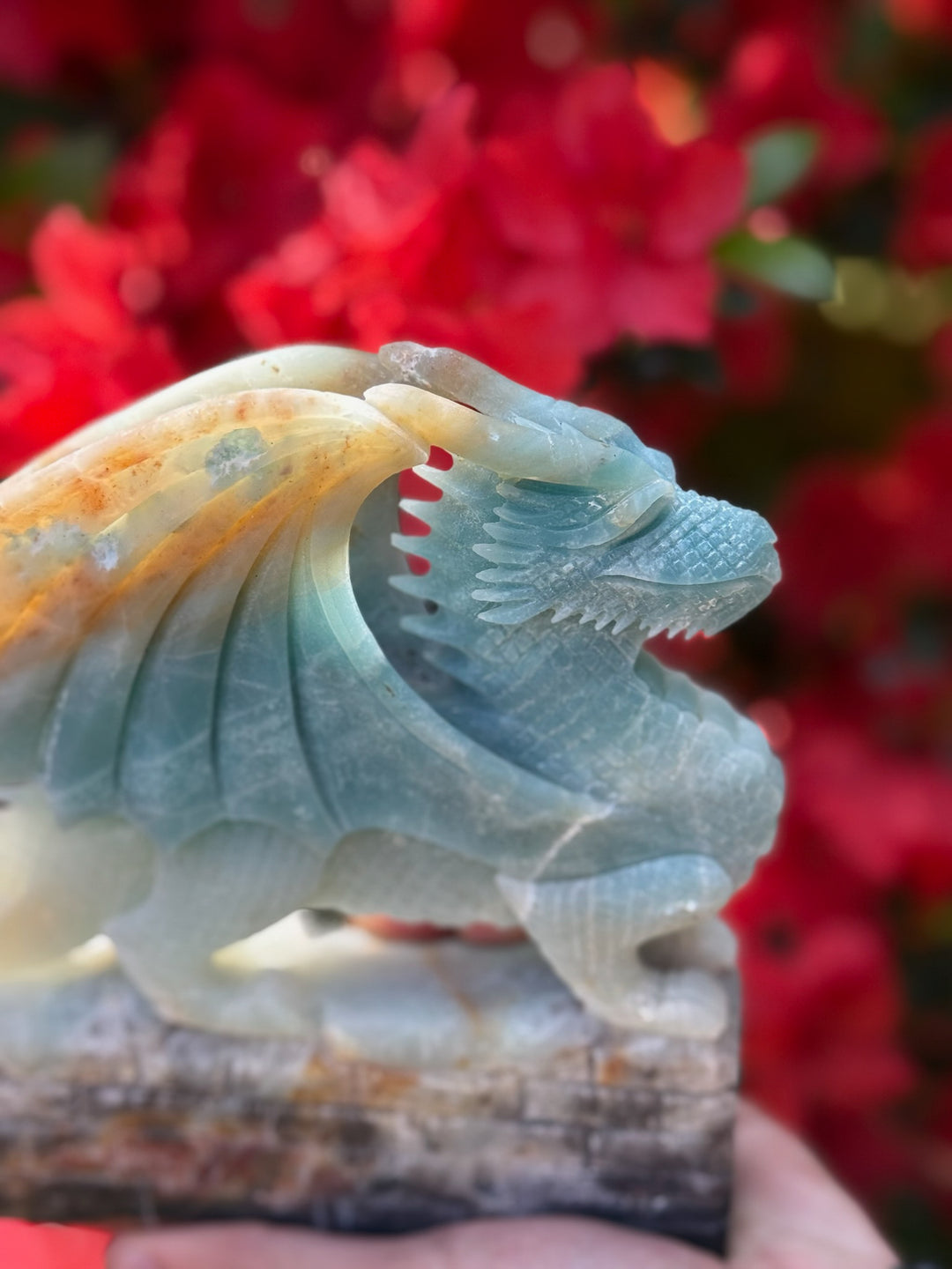 Blue Calcite and Tourmaline Dragon Carving
