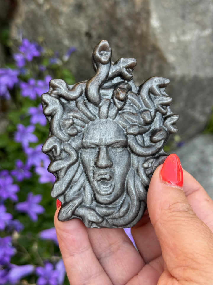 Silver Sheen Obsidian Medusa Carving