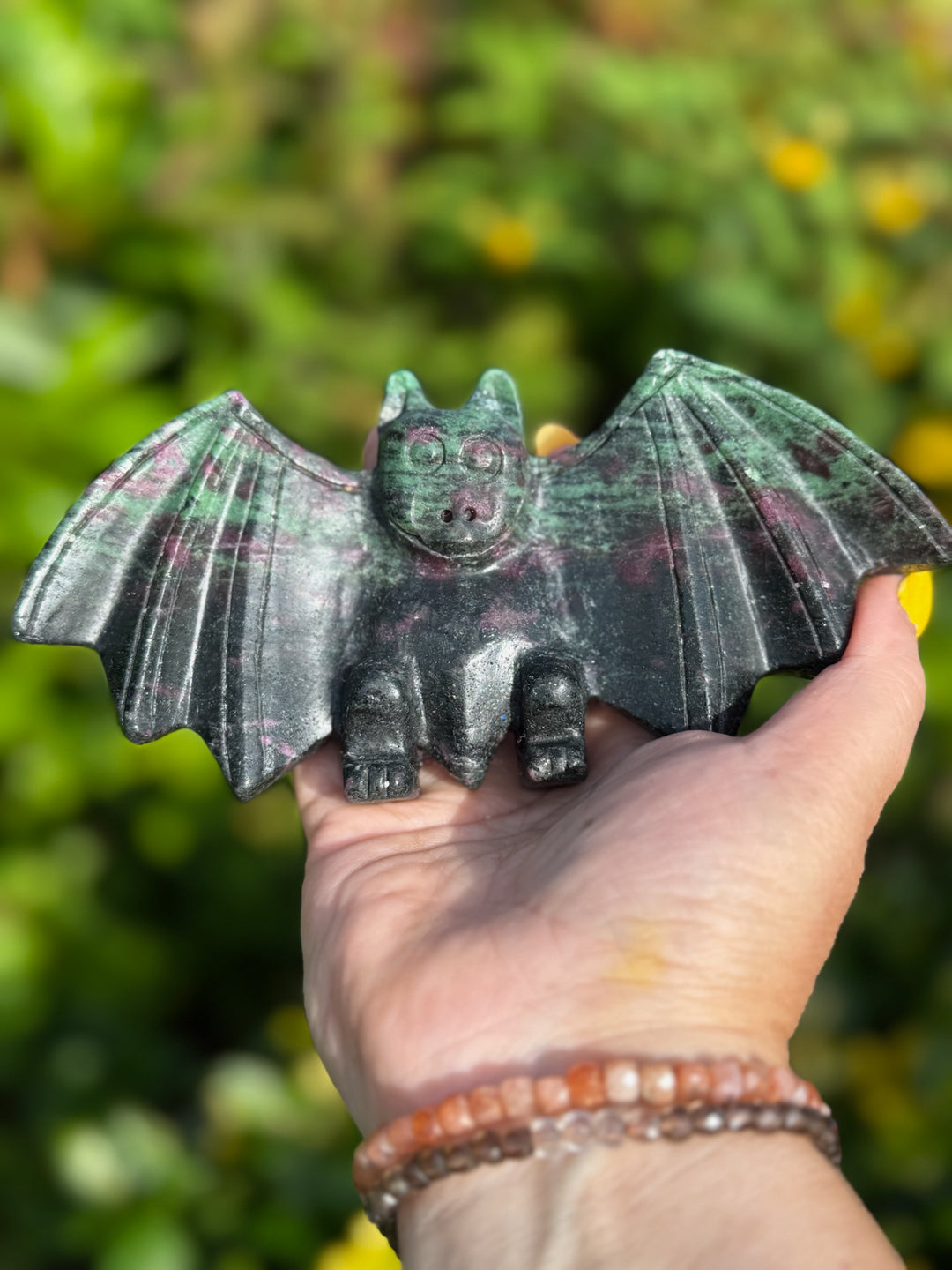 Uv Reactive Freestanding Ruby and Zoisite Bat Carving