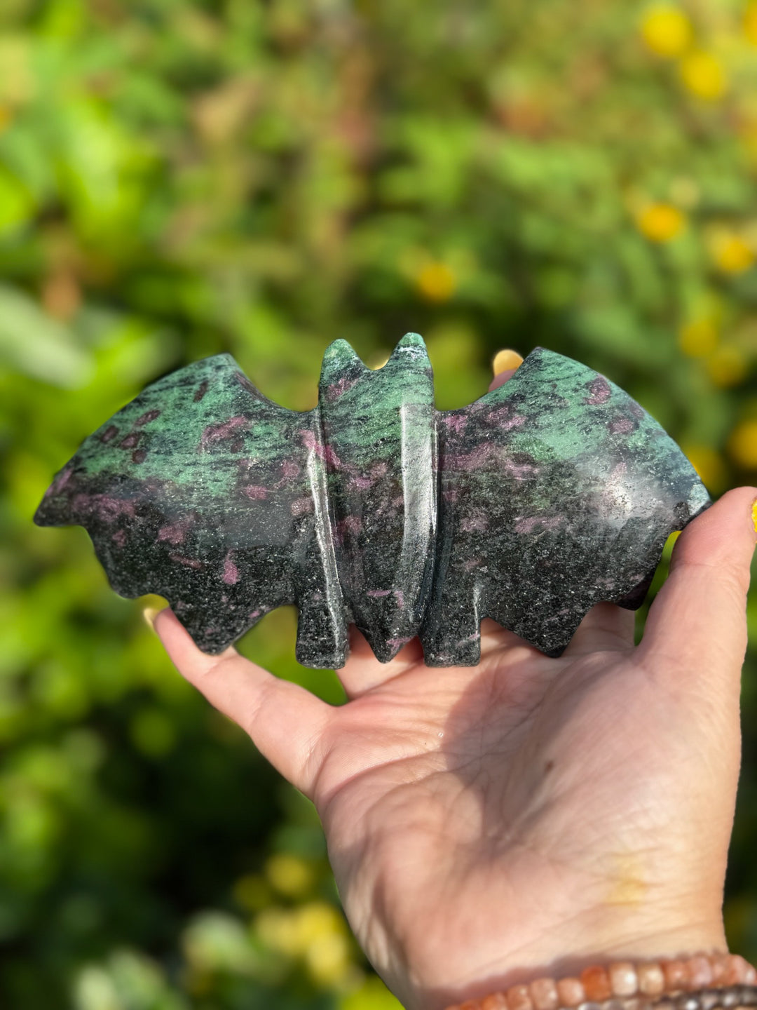 Uv Reactive Freestanding Ruby and Zoisite Bat Carving