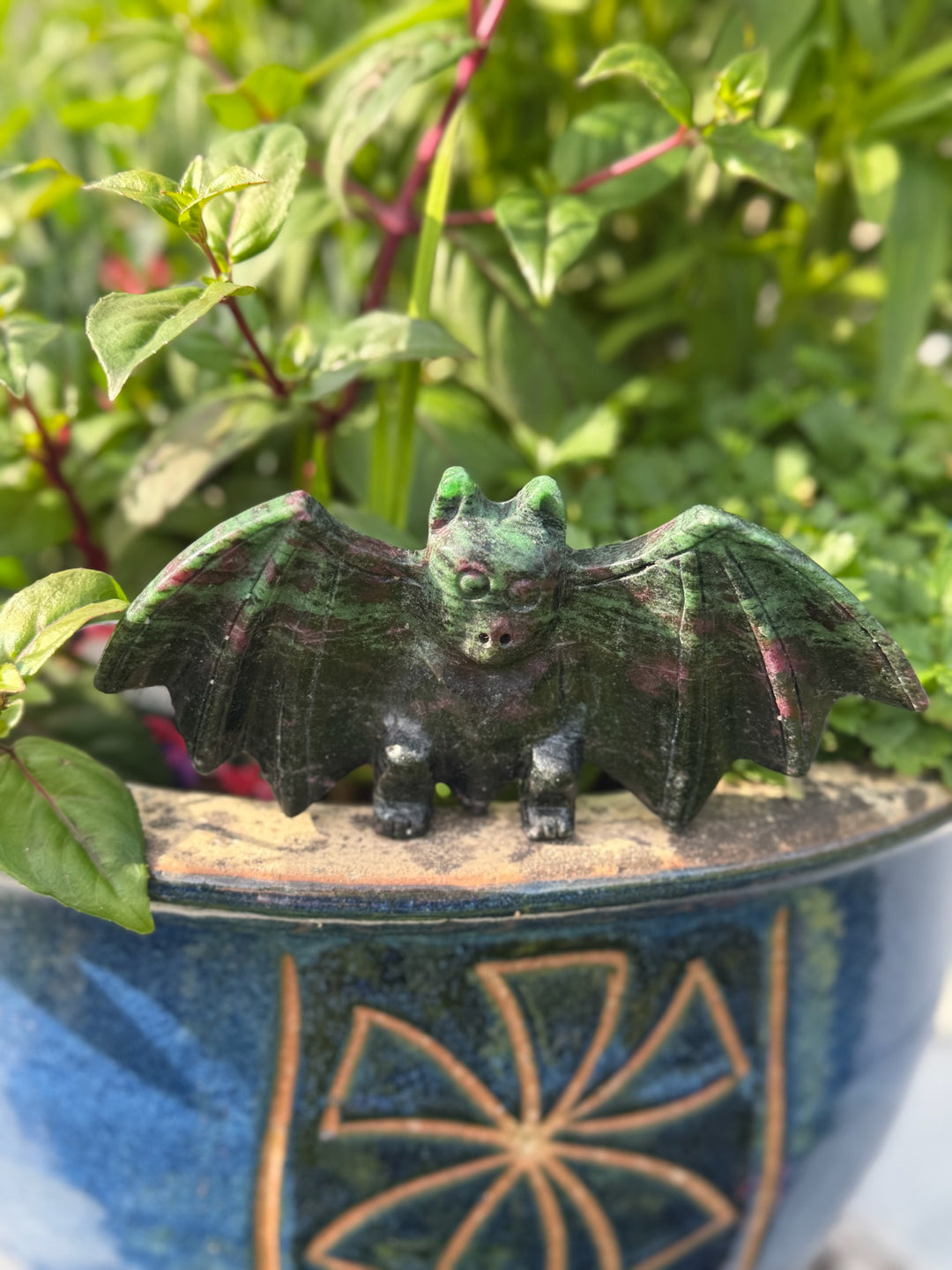 Uv Reactive Freestanding Ruby and Zoisite Bat Carving