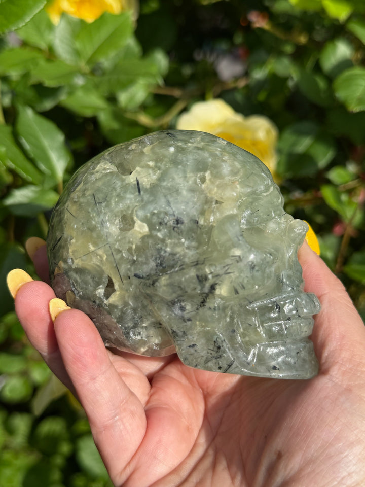Large Prehnite with Epidote Skull Carving