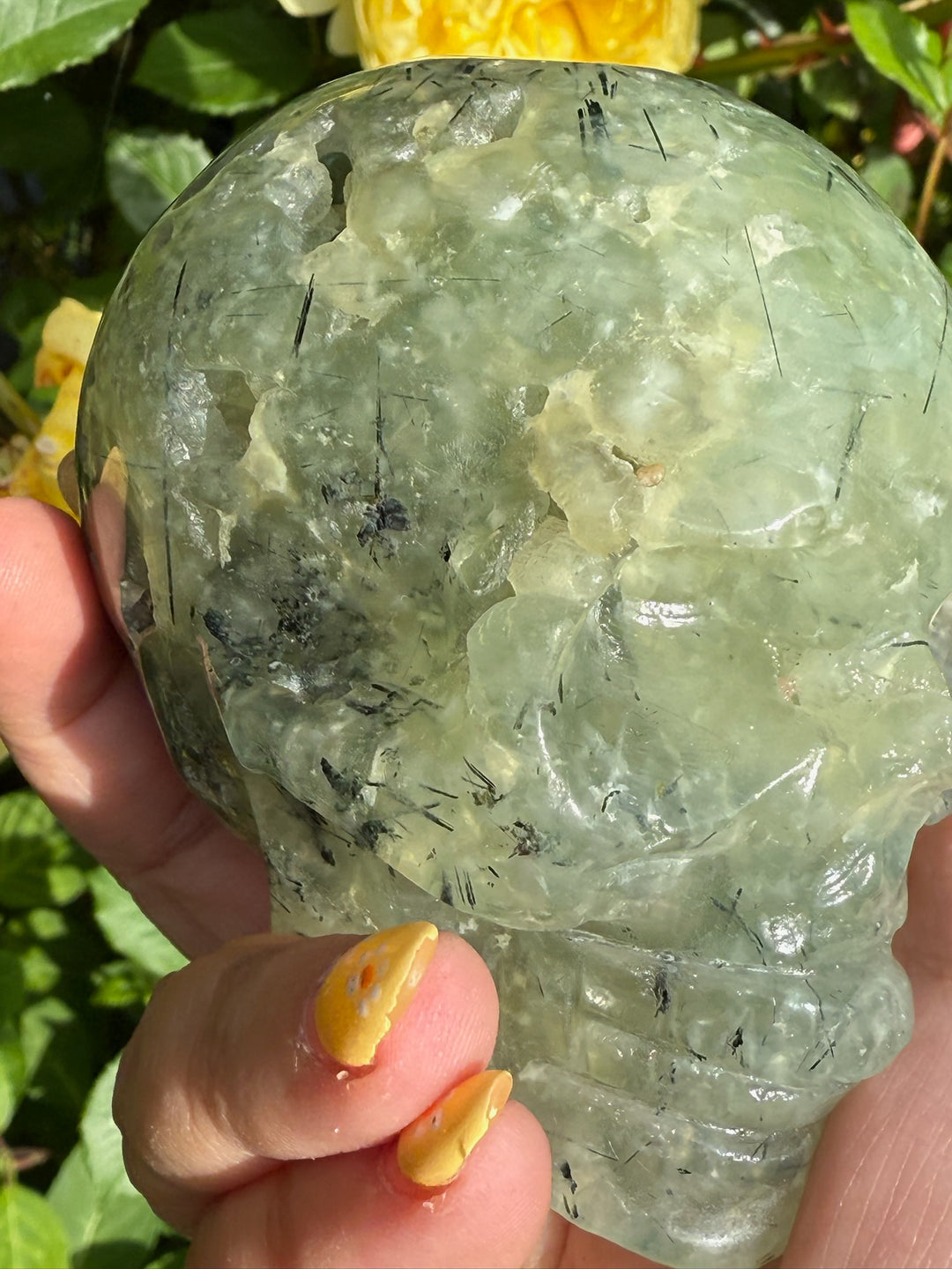 Large Prehnite with Epidote Skull Carving