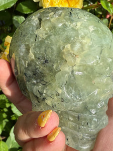 Large Prehnite with Epidote Skull Carving