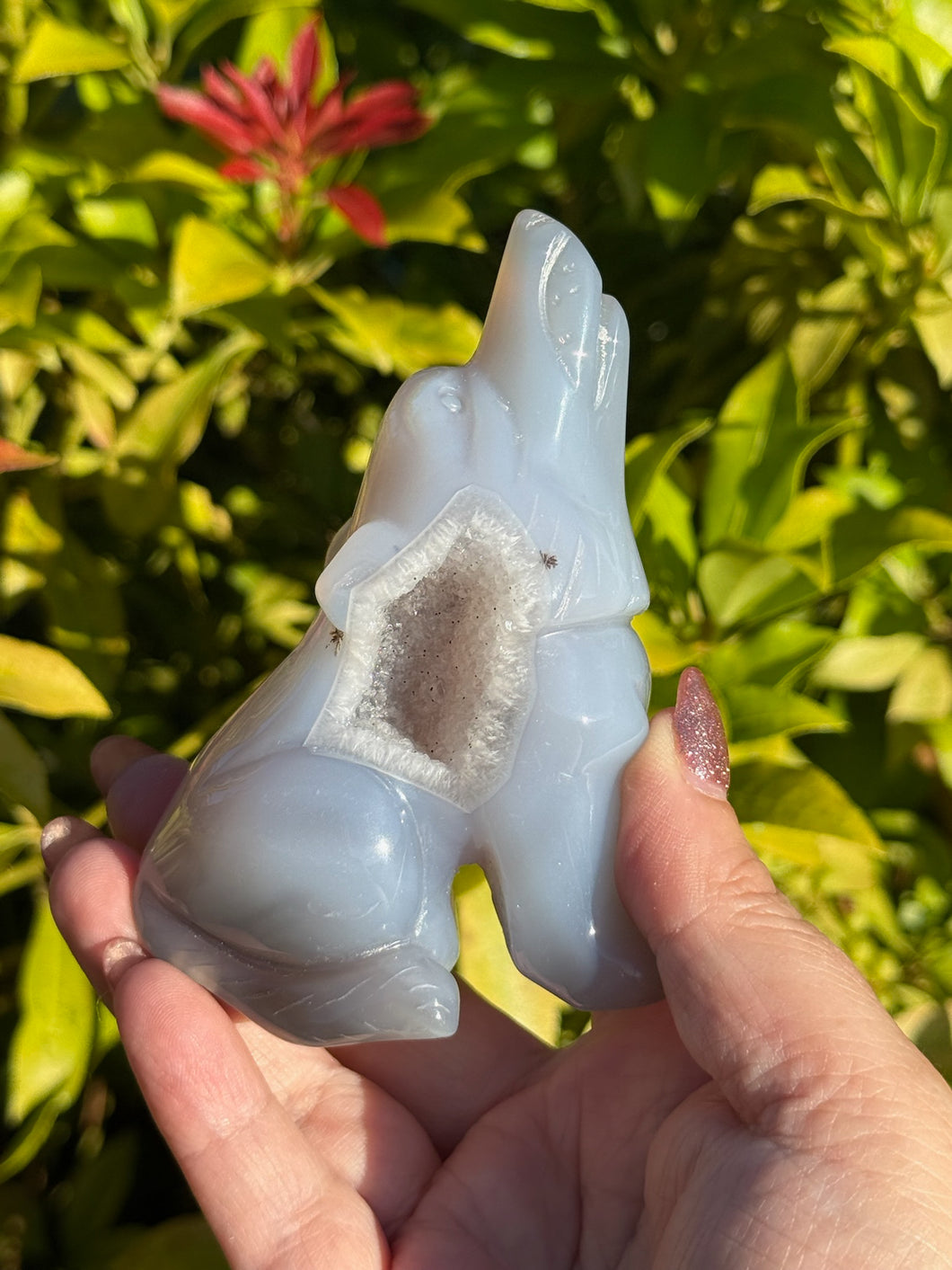 Druzy Agate Howling Wolf Carving with Dendrites