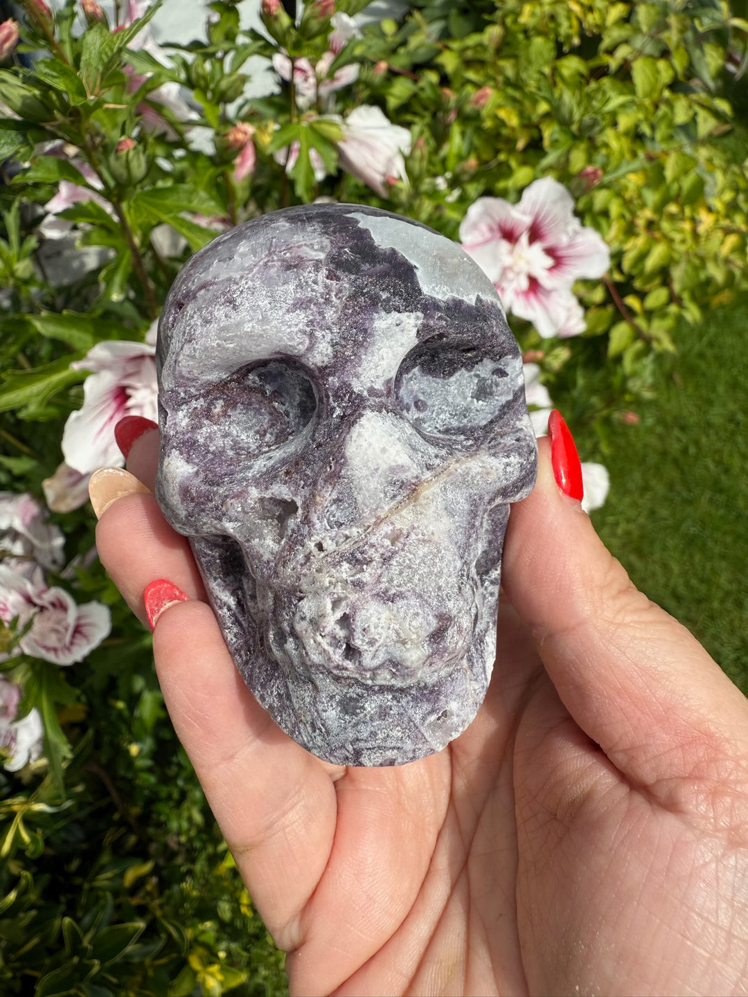 Fluorite with Druzy Quartz Skull Carving