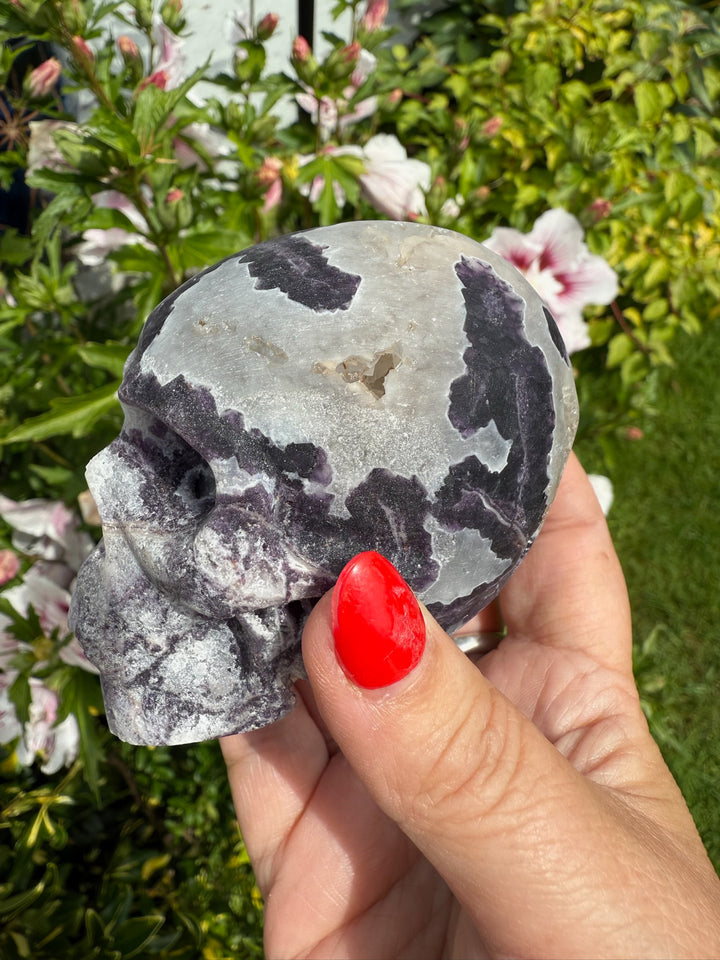Fluorite with Druzy Quartz Skull Carving