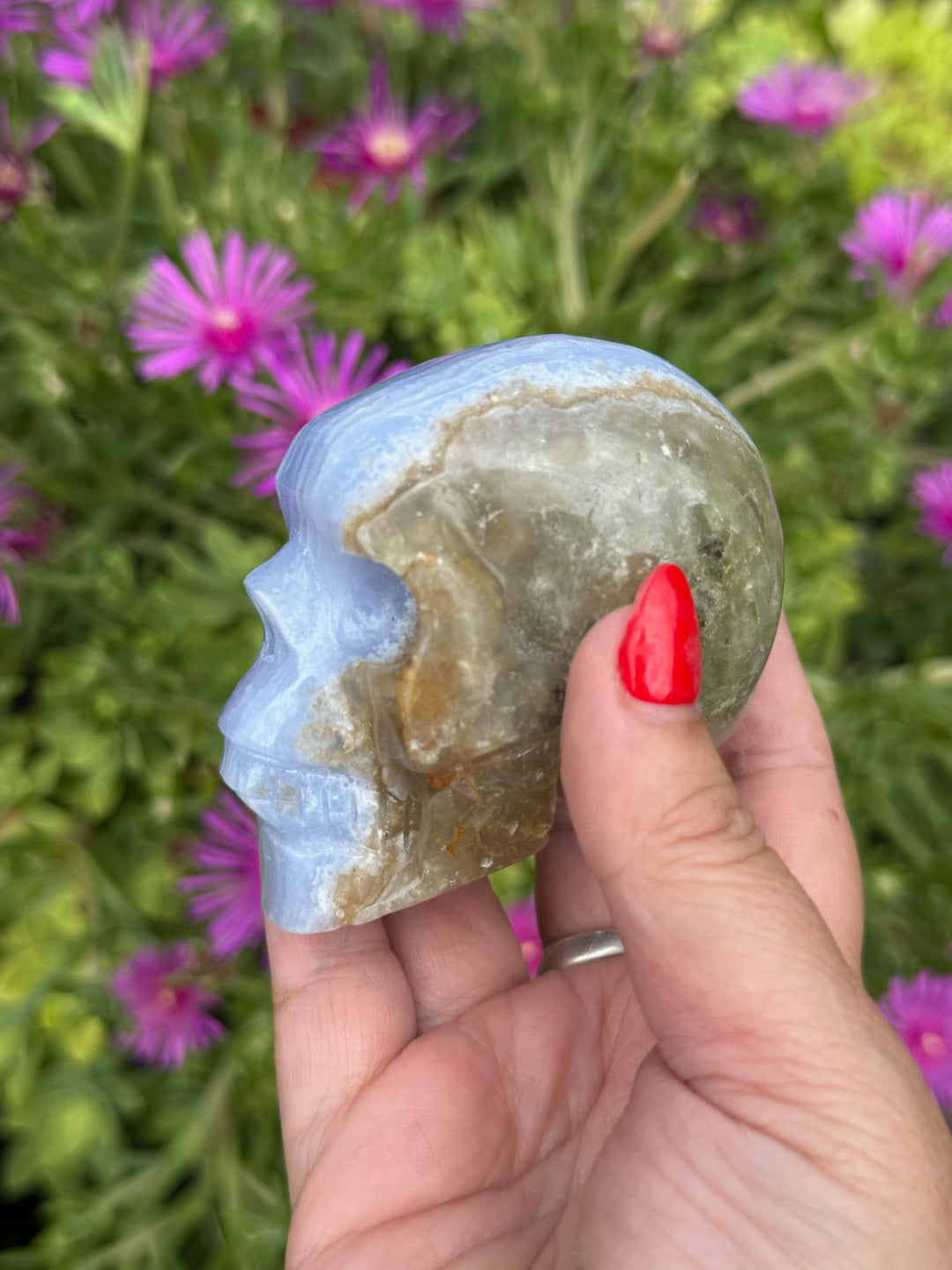 Incredible Blue Lace Agate Skull Carving with Calcite