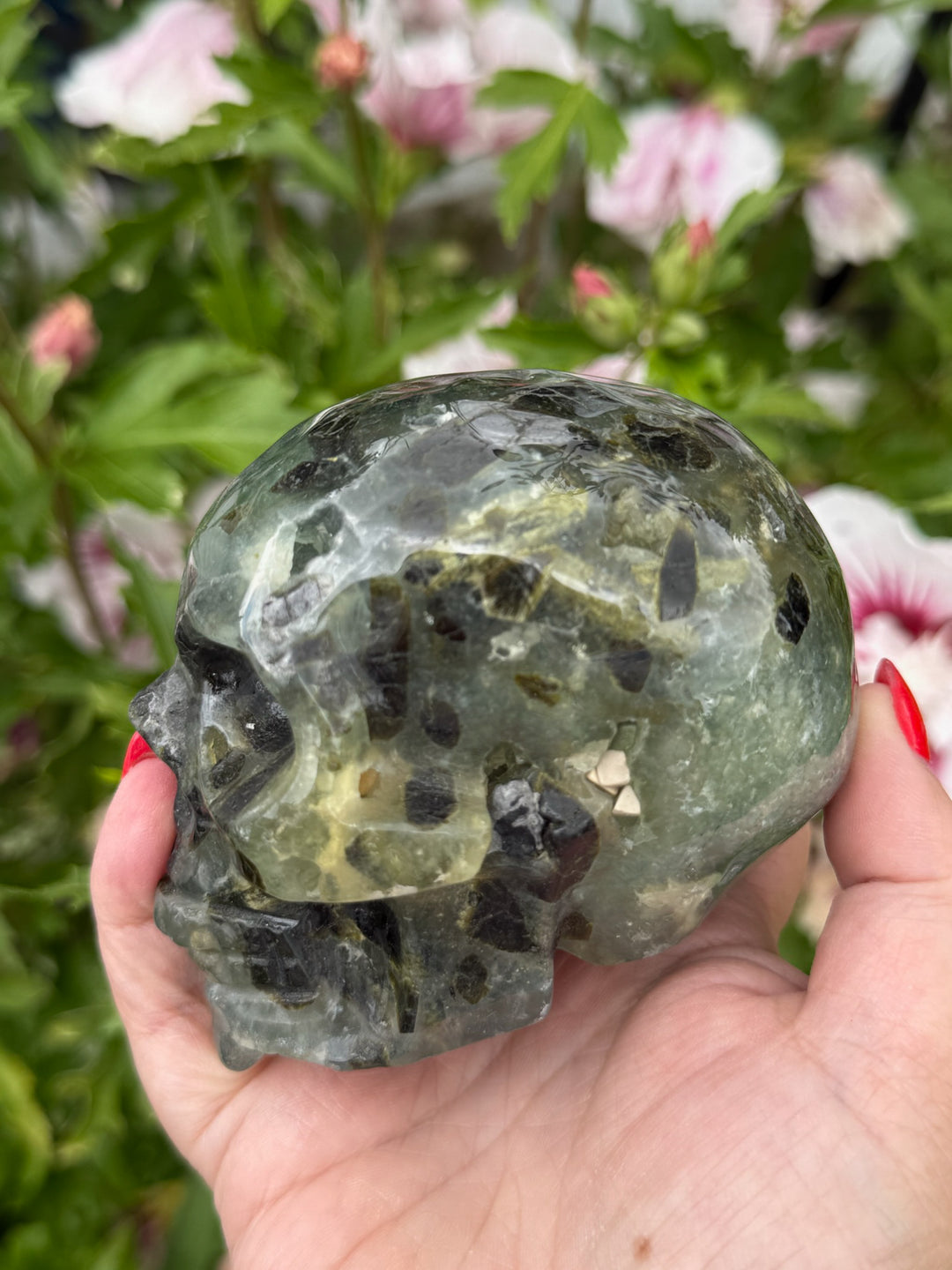 Prehnite and Epidote Skull Carving
