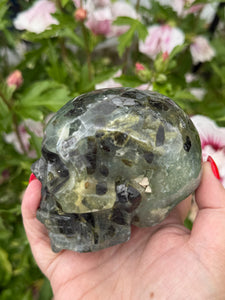 Prehnite and Epidote Skull Carving
