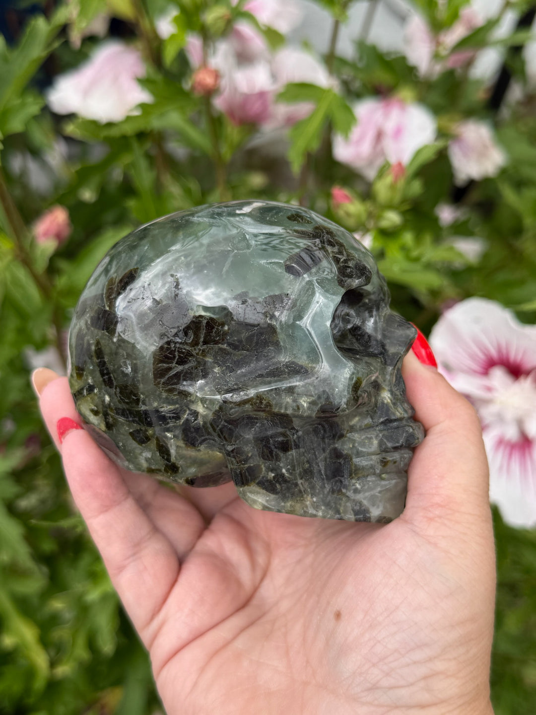 Prehnite and Epidote Skull Carving