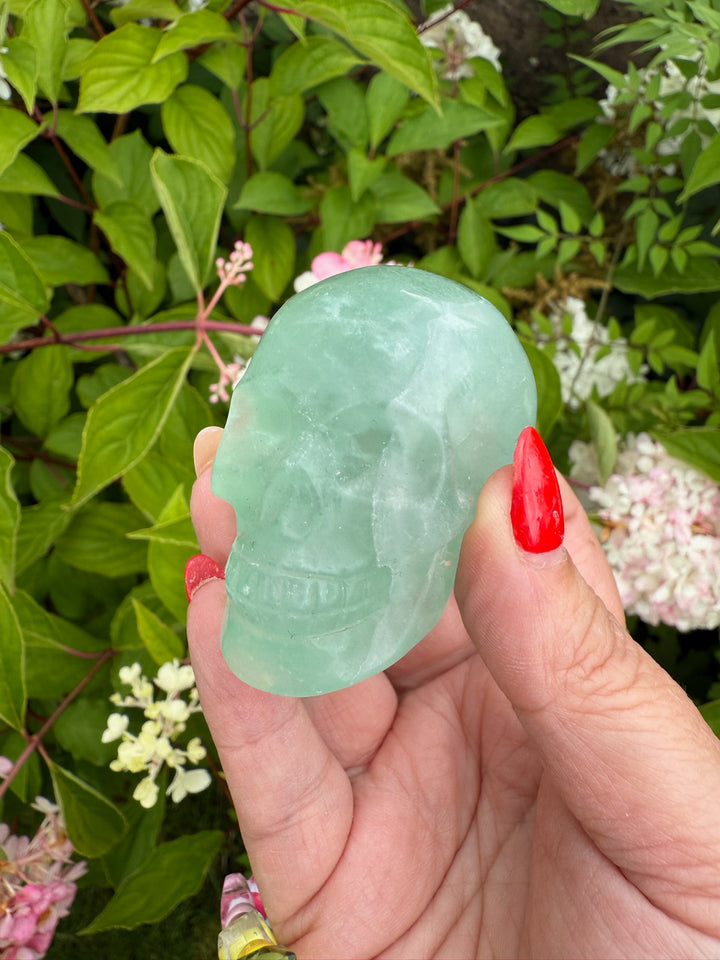 Clear Green Fluorite Skull Carving