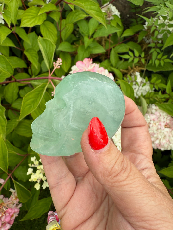 Clear Green Fluorite Skull Carving