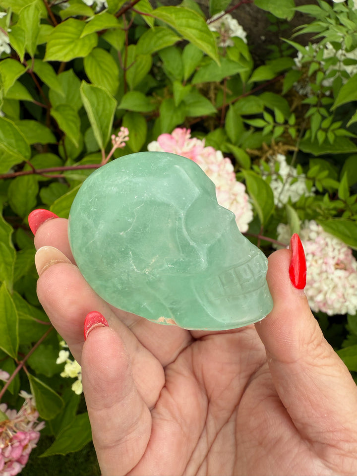 Clear Green Fluorite Skull Carving