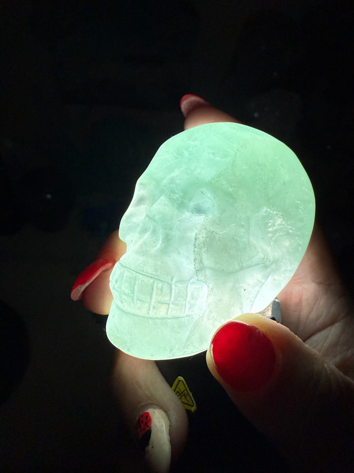 Clear Green Fluorite Skull Carving