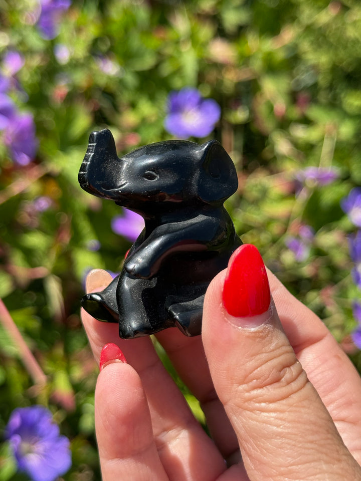 Polished Black Obsidian Elephant Carving