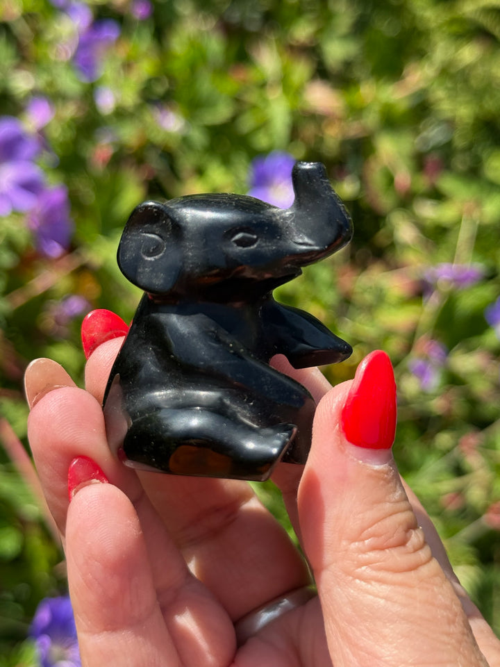 Polished Black Obsidian Elephant Carving