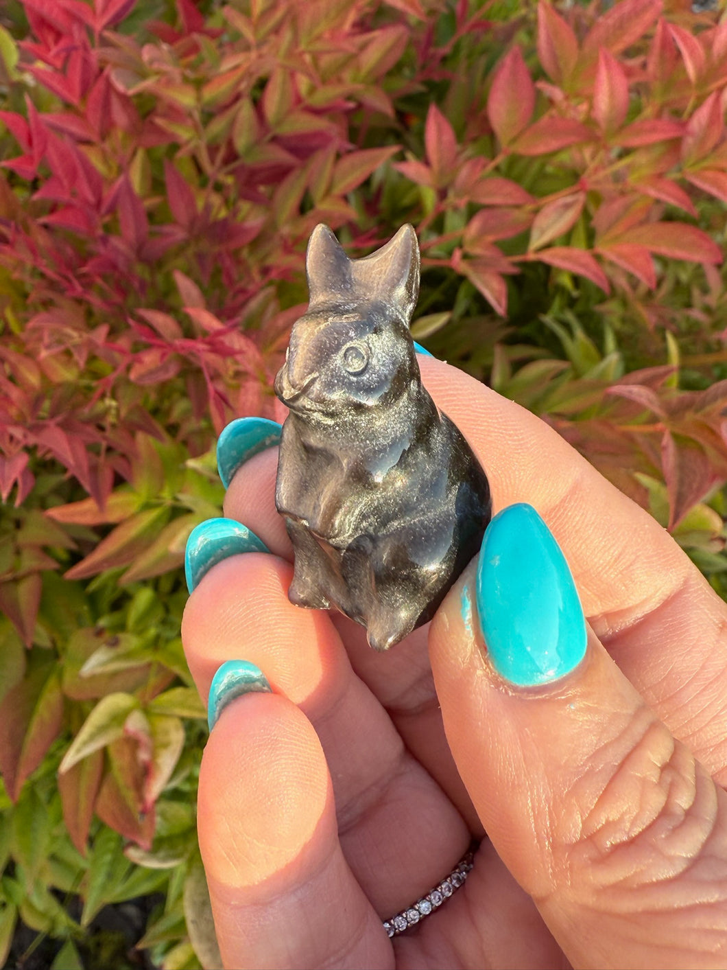 Silver Sheen Obsidian Rabbit Bunny Carving