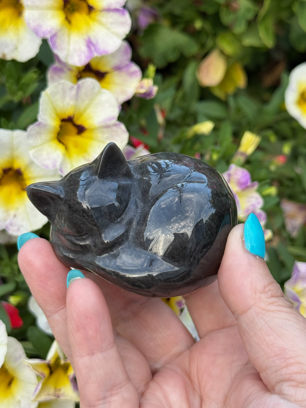 Silver Sheen Obsidian Sleeping Cat  Carving