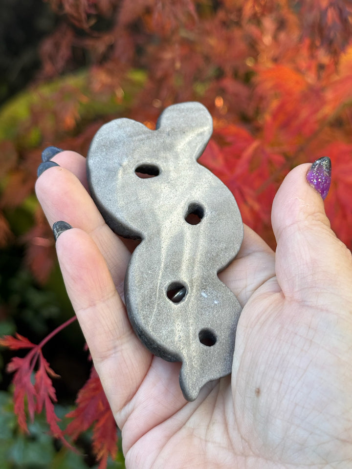 Silver Sheen Obsidian Snake Carving