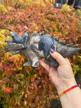 Load image into Gallery viewer, UV Reactive Volcano Agate Dinosaur Triceratops Carving a Statement Piece
