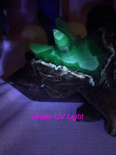Load image into Gallery viewer, UV Reactive Volcano Agate Dinosaur Triceratops Carving a Statement Piece
