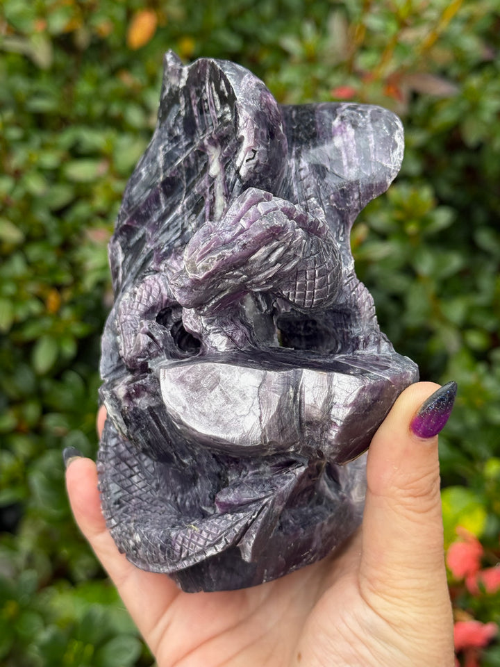 Lepidolite Mica Dragon Carving Statement Gem