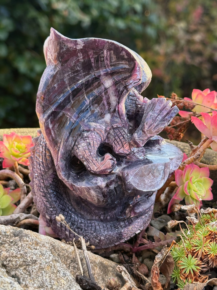 Lepidolite Mica Dragon Carving Statement Gem