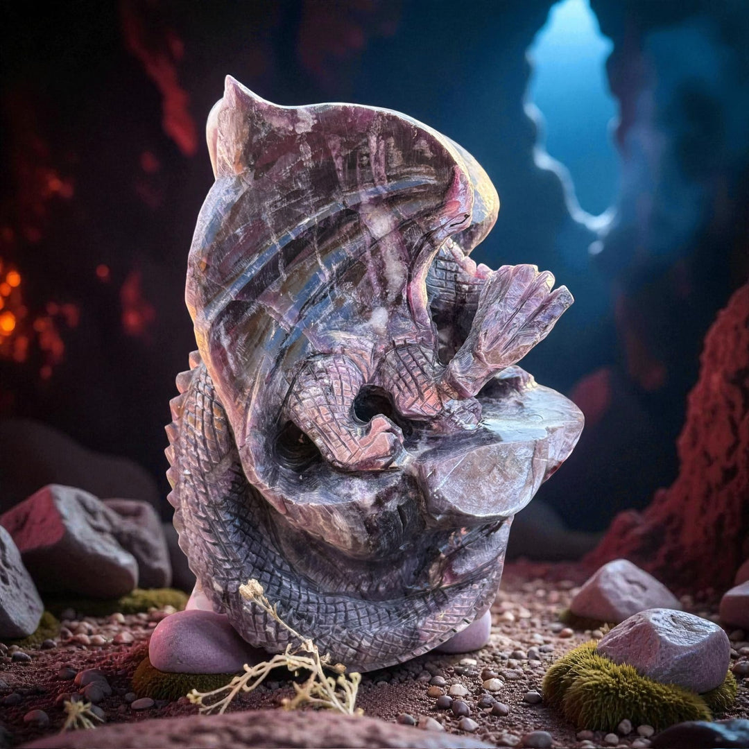 Lepidolite Mica Dragon Carving Statement Gem