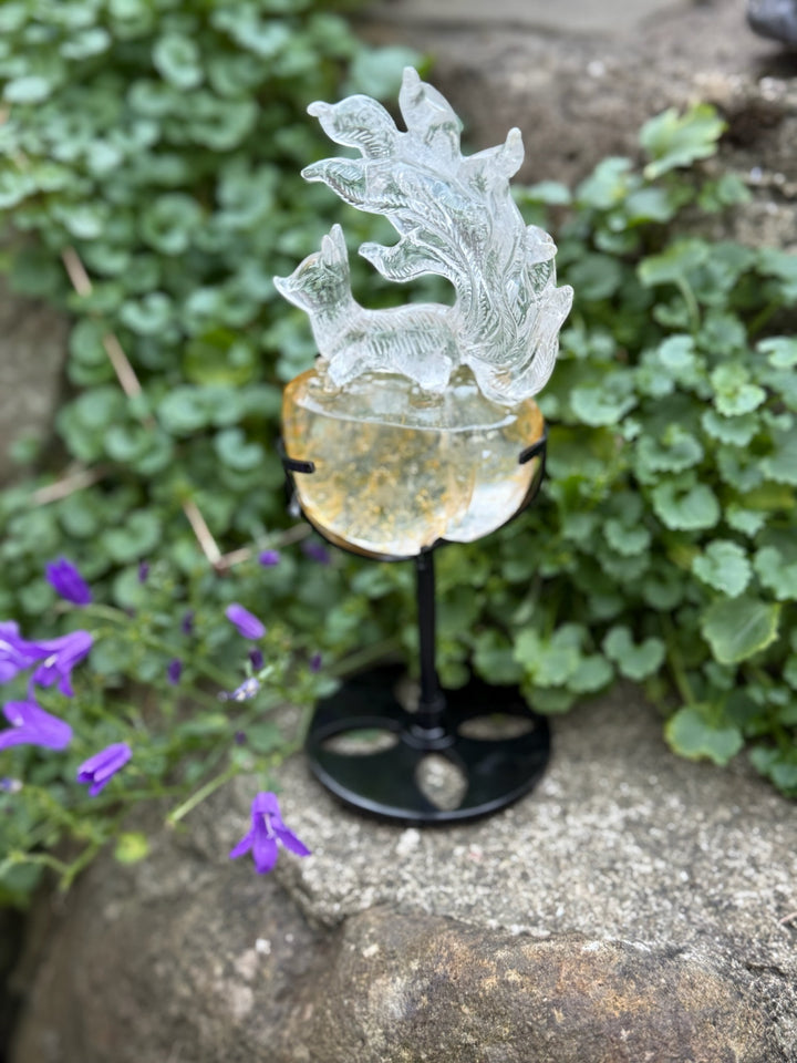 Quartz Nine Tailed Fox Carving with Custom Stand