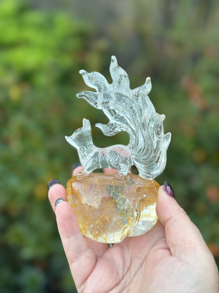 Quartz Nine Tailed Fox Carving with Custom Stand