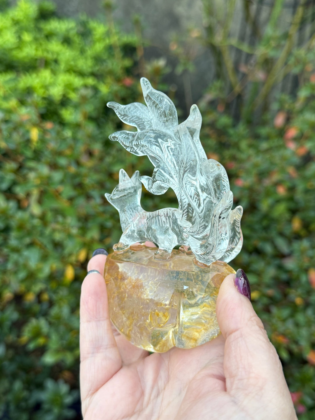 Quartz Nine Tailed Fox Carving with Custom Stand