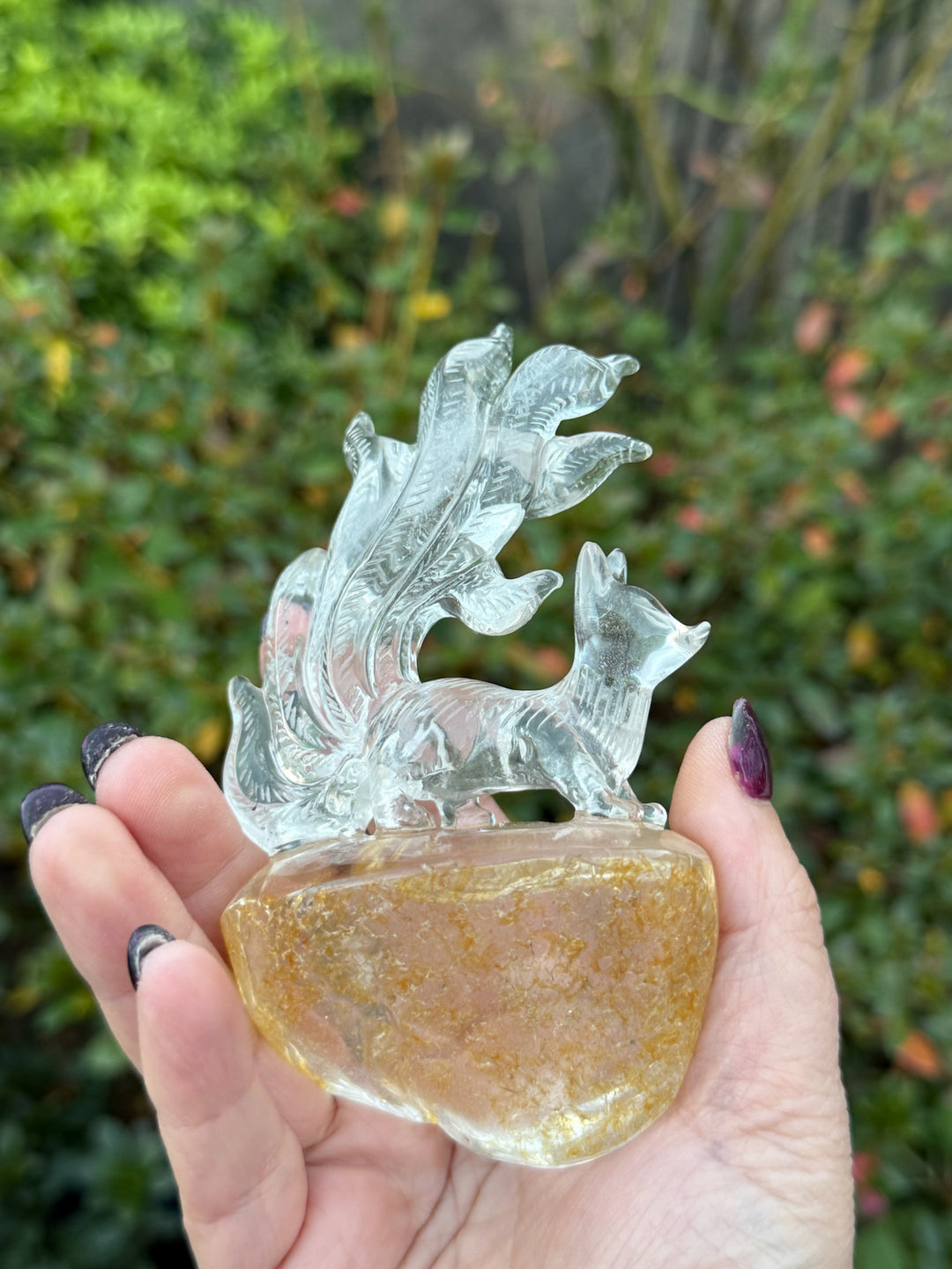 Quartz Nine Tailed Fox Carving with Custom Stand