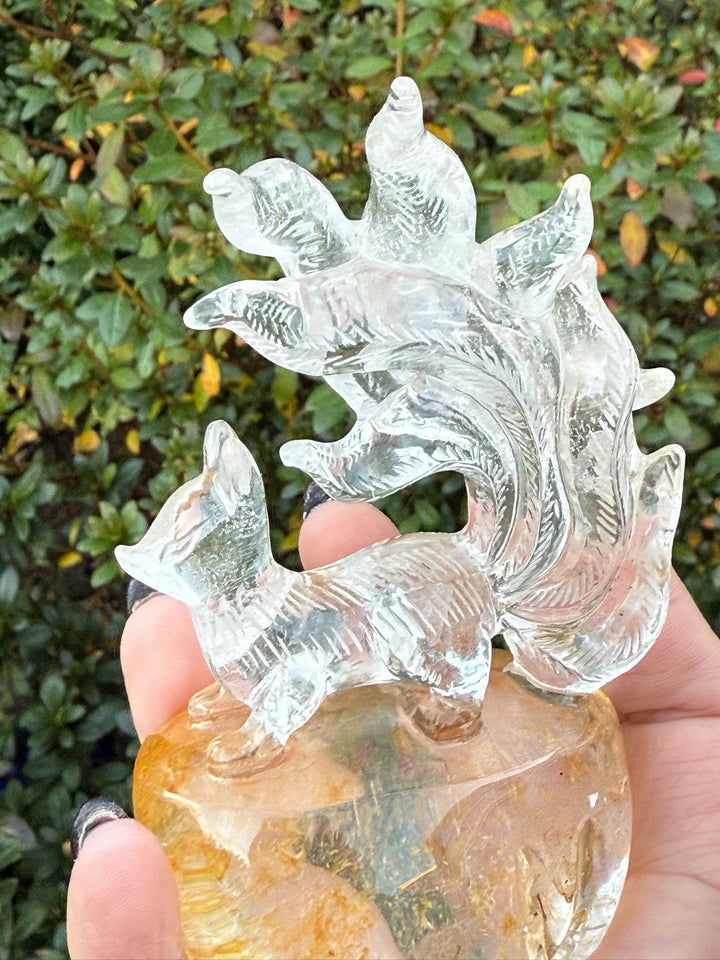 Quartz Nine Tailed Fox Carving with Custom Stand