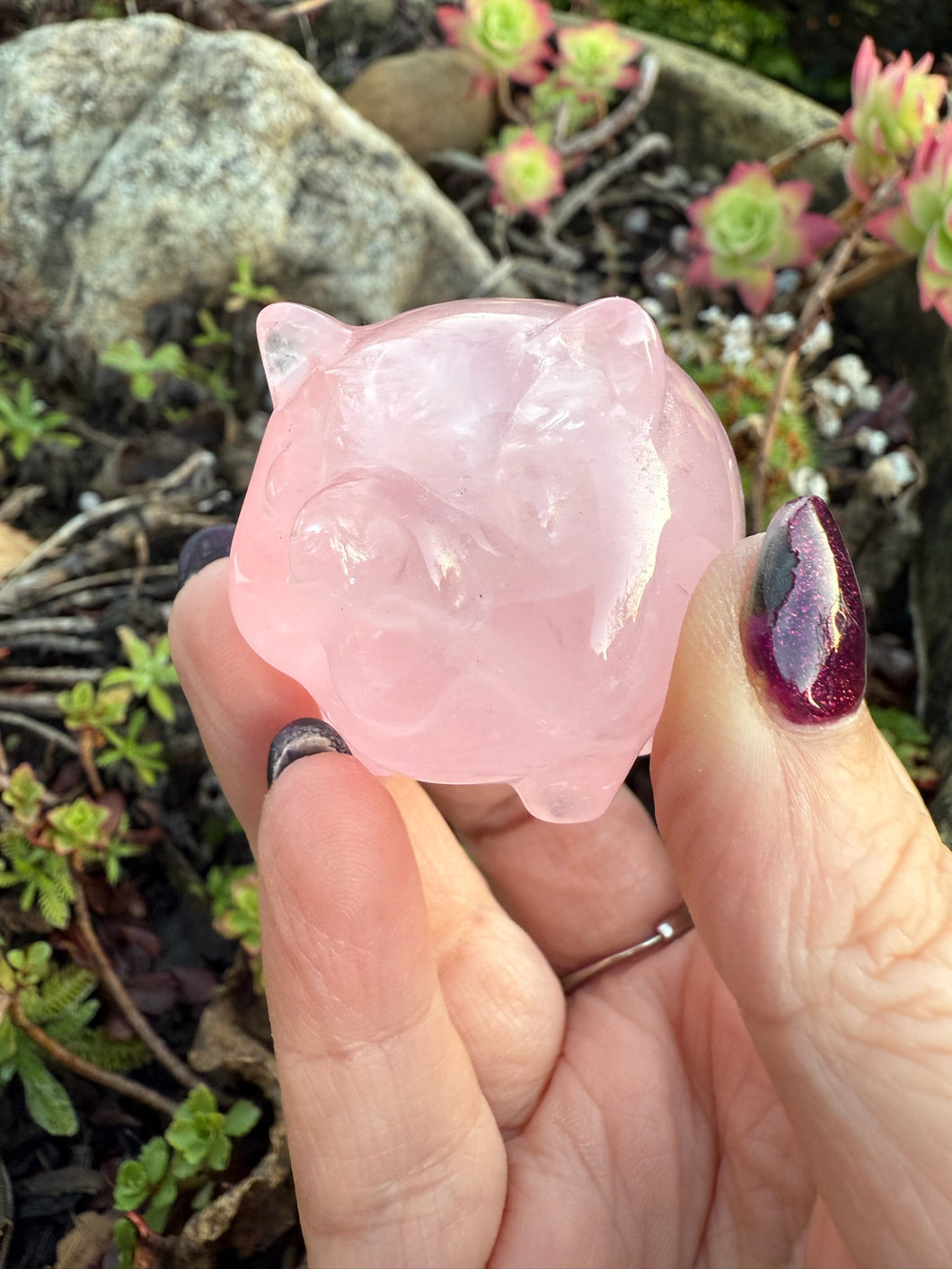 Gemmy Star Rose Quartz Pig Carving with Rainbows