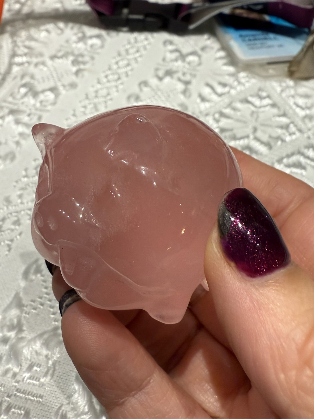 Gemmy Star Rose Quartz Pig Carving with Rainbows
