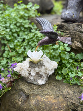 Load image into Gallery viewer, Handcarved Sugilite Humming Bird on a Quartz and Pyrite Base with a Mangano Calcite Flower and Serpentine Petals
