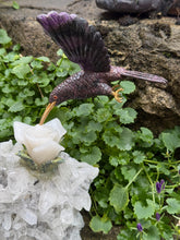 Load image into Gallery viewer, Handcarved Sugilite Humming Bird on a Quartz and Pyrite Base with a Mangano Calcite Flower and Serpentine Petals
