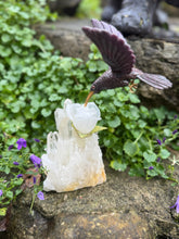 Load image into Gallery viewer, Handcarved Sugilite Humming Bird on a Quartz and Pyrite Base with a Mangano Calcite Flower and Serpentine Petals
