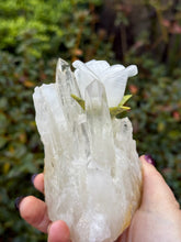Load image into Gallery viewer, Handcarved Sugilite Humming Bird on a Quartz and Pyrite Base with a Mangano Calcite Flower and Serpentine Petals
