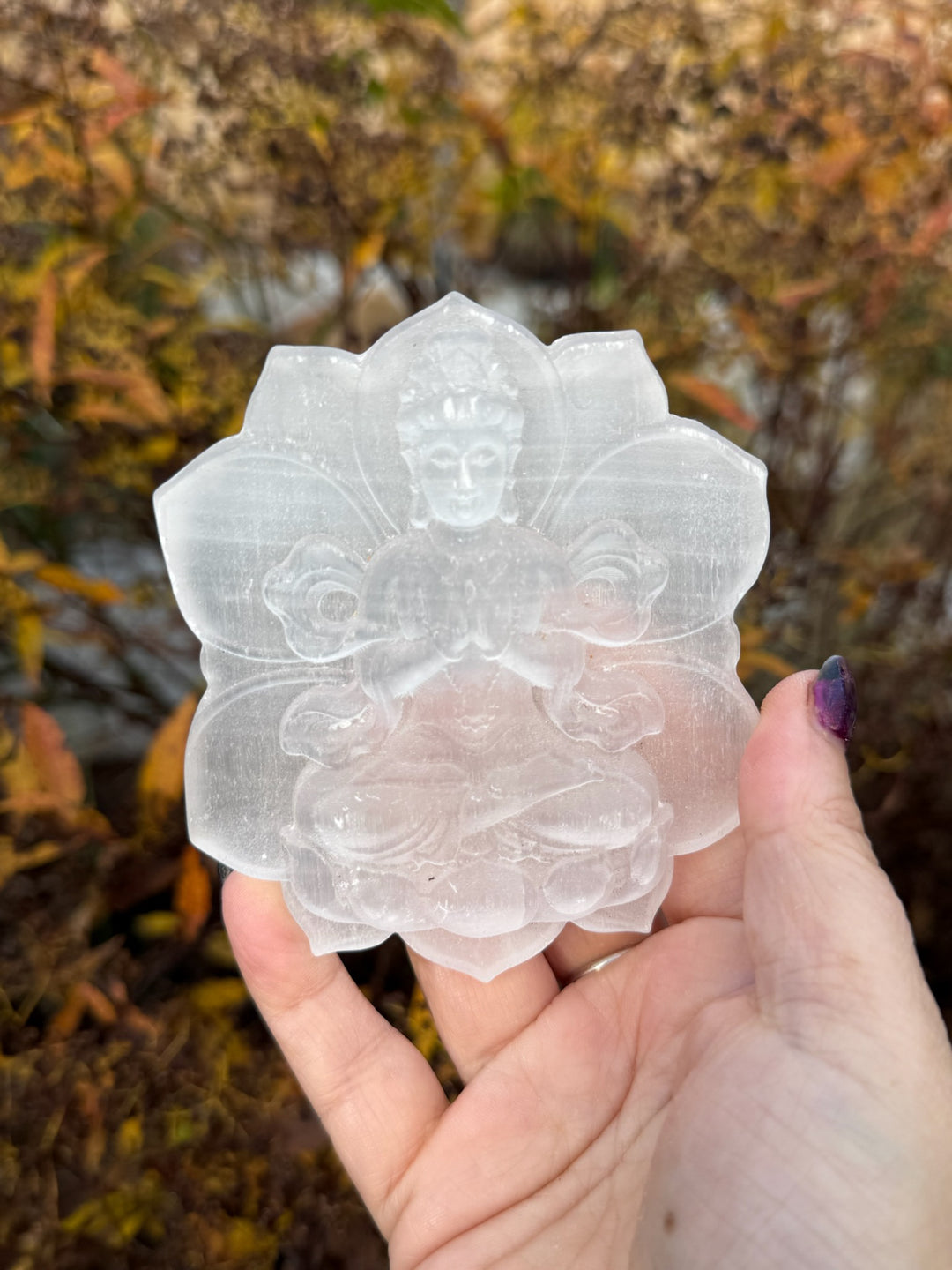 Selenite Kwan Yin on Lotus Carving